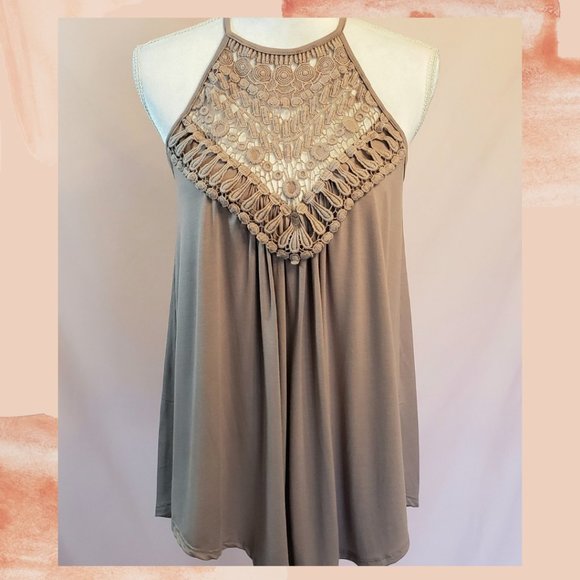 Taylor & Cambria Tops - Taupe Crochet Tank Top